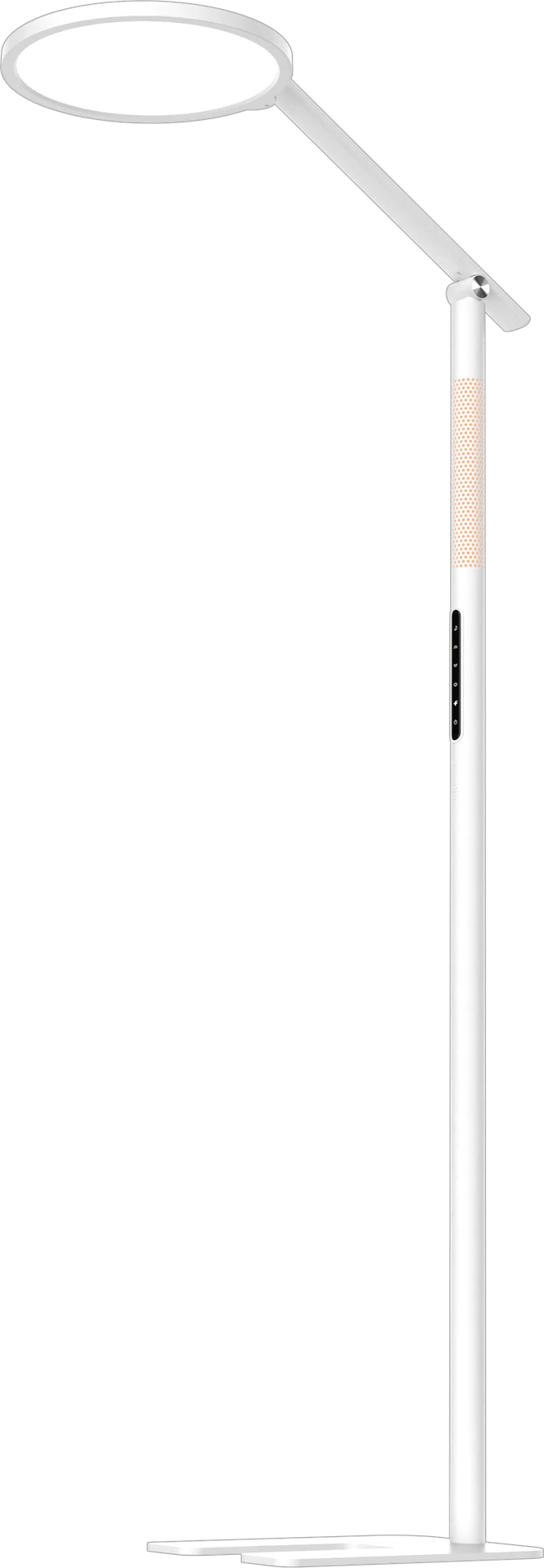 Lampe sur pied blanche avec deux têtes orientables, éclairant une table de travail et le plafond d'une pièce